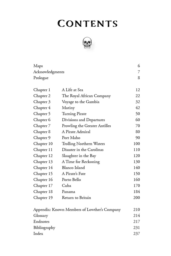 Table of contents page for The Resurrected Pirate (Schiffer Publishing, Ltd.) features a small skull icon. Lists chapters on George Lowther, pirate life, voyages, mutiny, battles, returns—plus maps, glossary, index & page numbers.