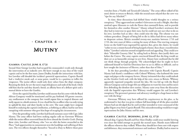 Open to Chapter 4, "Mutiny," The Resurrected Pirate by Schiffer Publishing, Ltd. explores June 1721 events at Gambia Castle and British officer conflicts, including Royal Navy officer George Lowther in the golden age of piracy.