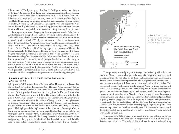 A book spread from "The Resurrected Pirate" by Schiffer Publishing, Ltd. features text about the Ranger at sea under a Royal Navy officer and a 1772 map titled Louterbourg's Chart tracing its route from Maine to Nova Scotia.