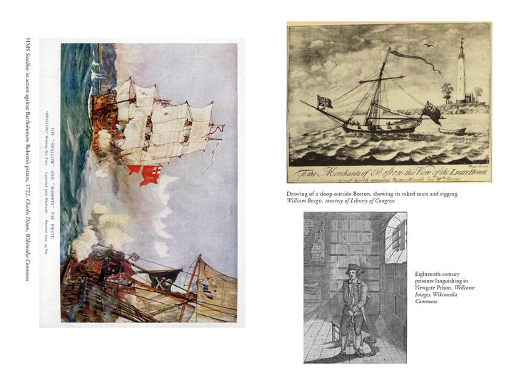 A collage for "The Resurrected Pirate" by Schiffer Publishing, Ltd. shows a ship in battle, a sloop near a lighthouse, and an 18th-century surgeon in a book-lined room.