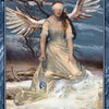 A winged, blindfolded woman holding a pendulum sits on snow as an owl flies above in "Two of Aether" from Boadicea's Tarot of Earthly Delights by Schiffer Publishing, Ltd., featuring a blue ornate Rider-Waite-Smith style frame.
