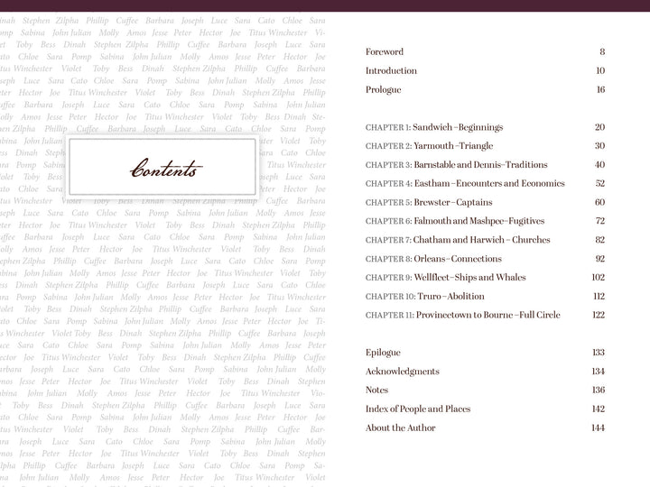 The table of contents for "For the Unremembered" by Schiffer Publishing, Ltd. features centered “contents” in a white box, chapter titles with page numbers to the right, and a background of repeating names honoring Cape Cod’s enslaved history.