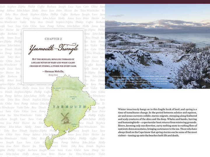 A book spread from "For the Unremembered" by Schiffer Publishing, Ltd. features a "Yarmouth Triangle" chapter, a Melville quote, a Yarmouth map, and a snowy Cape Cod landscape exploring the region’s enslaved people's history.