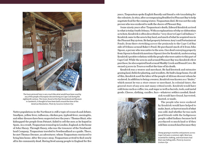 The left photo shows a sawmill with lumber; the right, a grey sheep in a pen. Both are from "For the Unremembered" by Schiffer Publishing, Ltd., which explores Cape Cod’s local and enslaved people’s history.