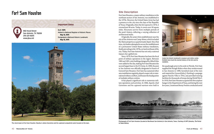 Explore Fort Sam Houston in "Treasures of Texas" by Schiffer Publishing, Ltd.—a featured National Historic Landmark with a stone clock tower photo, exhibit images, and detailed history for your Texas travel guide.