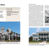Treasures of Texas by Schiffer Publishing, Ltd. showcases two historic, columned buildings with palm trees in Galveston’s East End, alongside descriptive text and inset photos of hurricane damage and restoration.