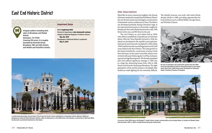 Treasures of Texas by Schiffer Publishing, Ltd. showcases two historic, columned buildings with palm trees in Galveston’s East End, alongside descriptive text and inset photos of hurricane damage and restoration.