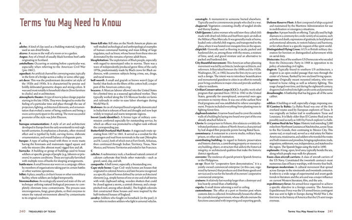 A two-page spread from Treasures of Texas by Schiffer Publishing, Ltd. features densely packed black text definitions of National Historic Landmarks terms, with red headings on a white background.