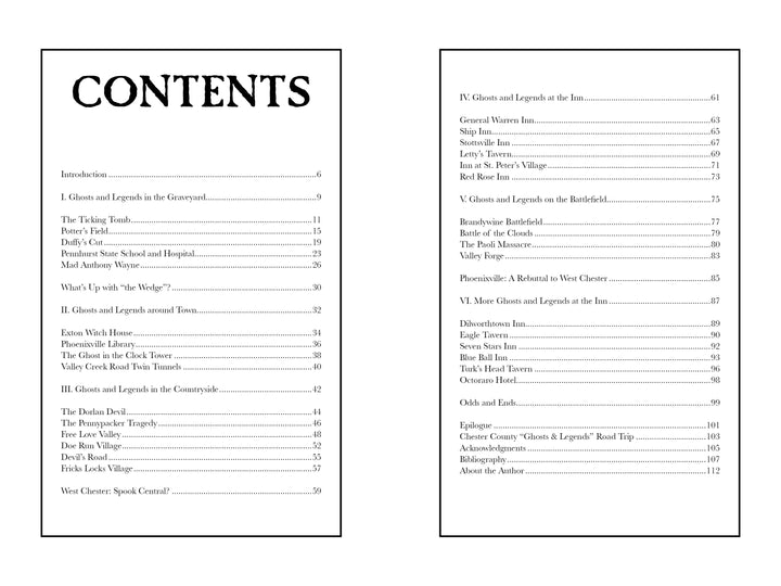 Two pages from "Ghosts and Eerie Legends of Chester County, Pennsylvania" by Schiffer Publishing, Ltd. display the table of contents, listing chapters and page numbers on haunted inns, battlefields, villages, Pennhurst, and local ghost stories.
