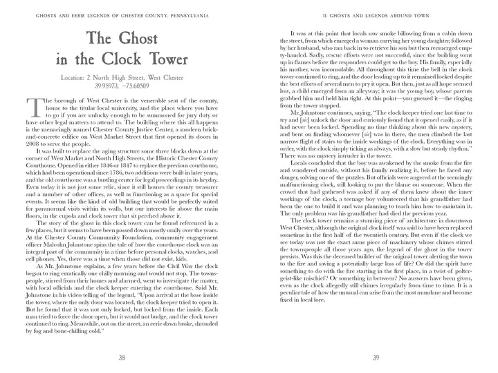 A two-page spread from Schiffer Publishing, Ltd.'s "Ghosts and Eerie Legends of Chester County, Pennsylvania" features "The Ghost in the Clock Tower," a vivid account of haunting sightings in West Chester that enriches local ghost lore.
