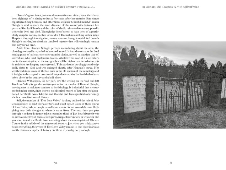 A black-and-white photo from "Ghosts and Eerie Legends of Chester County, Pennsylvania" by Schiffer Publishing, Ltd. shows a graveyard with a stone wall, a memorial headstone, bare trees, and a field, evoking Chester County's haunted past.