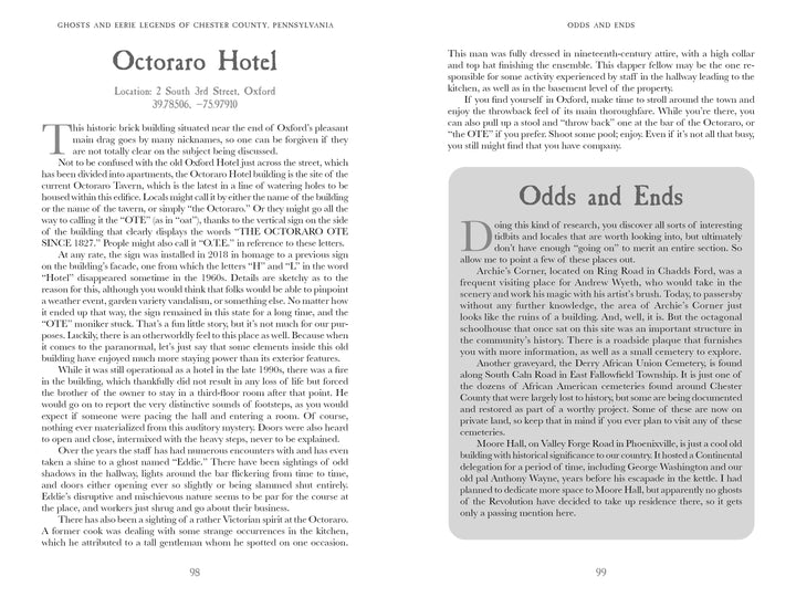 A book spread from "Ghosts and Eerie Legends of Chester County, Pennsylvania" by Schiffer Publishing, Ltd. features the Octoraro Hotel’s haunted history on the left page and "Odds and Ends" with historical curiosities on the right.