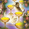Two kittens frolic among seven golden cups of yellow liquid and flowers. A pastel geometric sphere floats above, with the number six in the corner—an enchanting image from The Unifying Consciousness Tarot by Schiffer Publishing, Ltd.