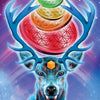 A majestic blue deer with large antlers stands beneath radiant patterned spheres and a golden cube marked with the number 7, capturing the mystical aura of The Unifying Consciousness Tarot by Schiffer Publishing, Ltd. against a cosmic backdrop.