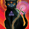 A mystical three-eyed black cat wearing a jeweled crown sits upright with swirling energy, a glowing wand, and a purple triangle on its chest. Inspired by The Unifying Consciousness Tarot from Schiffer Publishing, Ltd., "Heart of Wands" blazes behind.