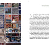 A wall adorned with vibrant handmade ceramic tiles and pottery pieces beside shelves. On the right, Schiffer Publishing, Ltd.'s "Portland, Maine" features tourist attractions and Casco Bay photography on its INTRODUCTION page.
