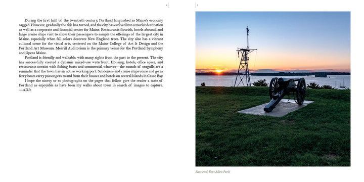 Capture the beauty of a coastal park at sunset with a historic cannon and beacon in "Portland, Maine" by Schiffer Publishing, Ltd.—an ideal addition for Casco Bay photography fans and Portland photo book collectors.