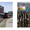 On the left, vintage train cars by a brick building labeled “Portland Co.” On the right, weathered pilings, a ferry, and a lighthouse—a classic scene from Portland, Maine by Schiffer Publishing, Ltd.