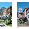 Side-by-side photos of lively Fore Street with red brick buildings, shops, and outdoor seating on a sunny day—ideal for the "Portland, Maine" photo book by Schiffer Publishing, Ltd. or showcasing top Portland tourist attractions.