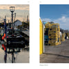 Two photos of Widgery Wharf in Casco Bay—fishing boats at sunset and lobster traps on a pier—highlight "Portland, Maine" by Schiffer Publishing, Ltd., a perfect photo book for lovers of Portland’s coastal charm.