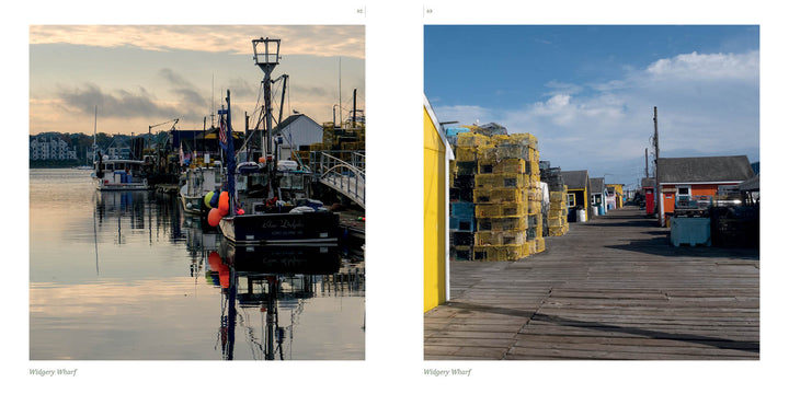 Two photos of Widgery Wharf in Casco Bay—fishing boats at sunset and lobster traps on a pier—highlight "Portland, Maine" by Schiffer Publishing, Ltd., a perfect photo book for lovers of Portland’s coastal charm.