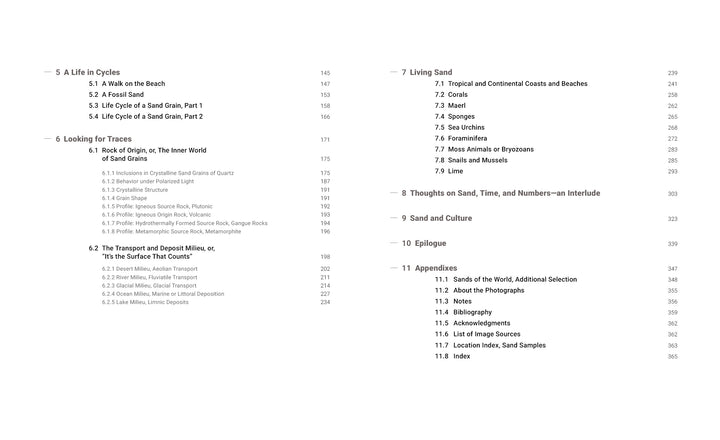Table of contents pages from "Sand Up Close" by Schiffer Publishing, Ltd. list chapters 5–11, covering fossils, sand grains, sand science, trace evidence, living sand, sand and culture, appendices—with page numbers for each.