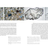 Three close-up images from Sand Up Close by Schiffer Publishing, Ltd. feature: 1) quartz and feldspar grains, 2) a thin, clear muscovite mica shard, and 3) another mica shard with an orange iron-stained spot, with text and captions beside each image.