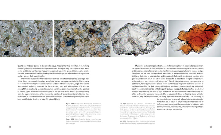 Three close-up images from Sand Up Close by Schiffer Publishing, Ltd. feature: 1) quartz and feldspar grains, 2) a thin, clear muscovite mica shard, and 3) another mica shard with an orange iron-stained spot, with text and captions beside each image.