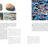 Two pages from "Sand Up Close" by Schiffer Publishing, Ltd. display metamorphic rock photos and textures on the left, with a colorful, magnified rock thin section—resembling sand microphotography—on the right, plus text on metamorphism and structure.