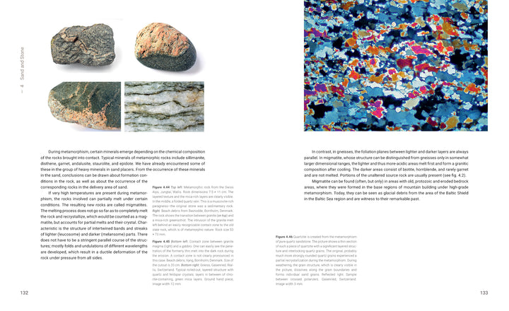 Two pages from "Sand Up Close" by Schiffer Publishing, Ltd. display metamorphic rock photos and textures on the left, with a colorful, magnified rock thin section—resembling sand microphotography—on the right, plus text on metamorphism and structure.