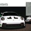 A white Porsche RS from Schiffer Publishing, Ltd. is parked facing forward in the foreground, with another classic Porsche RS visible from the rear behind it. A table of contents appears on the right side of the image.