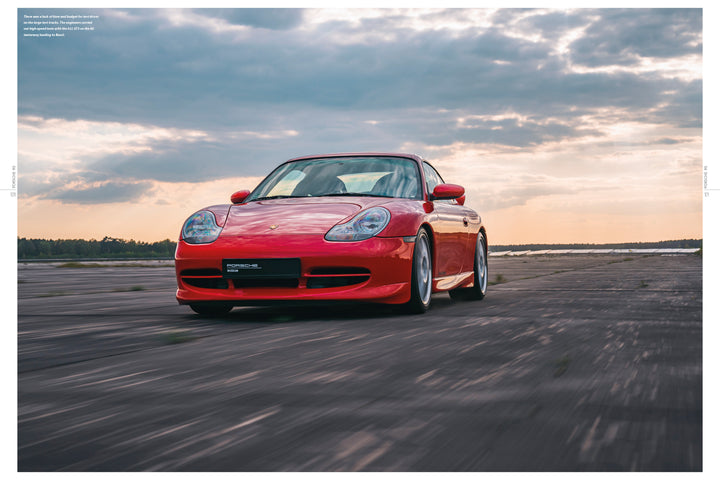 A Porsche RS from Schiffer Publishing, Ltd. speeds down an empty, wide open road at sunset, dramatic clouds above and blurred pavement below emphasize its motion and power.