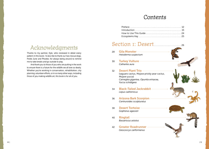 An open book, "The Field Guide to Embroidery" by Schiffer Publishing, Ltd., displays acknowledgments and a table of contents listing desert animals with illustrations—ideal for sparking North American wildlife embroidery ideas.