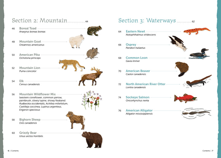 A page from Schiffer Publishing, Ltd.'s "The Field Guide to Embroidery" shows illustrated North American animals and birds—organized by Mountain and Waterways sections with numbered entries—perfect for wildlife embroidery pattern inspiration.