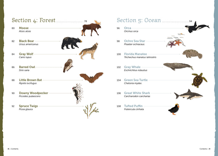 The Field Guide to Embroidery by Schiffer Publishing, Ltd. features a table of contents with Forest and Ocean sections plus charming animal sketches—ideal inspiration for North American wildlife and ecosystem embroidery projects.
