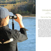 A person in a black jacket with white bird wing embroidery inspired by North American wildlife scans a riverside with binoculars. On the right, text introduces "The Field Guide to Embroidery" by Schiffer Publishing, Ltd.