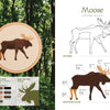 The Field Guide to Embroidery" by Schiffer Publishing, Ltd. showcases a moose embroidery in a forest scene, with one page displaying the finished hoop, threads, and silhouette, and the other offering outlines and a color-coded stitching guide.