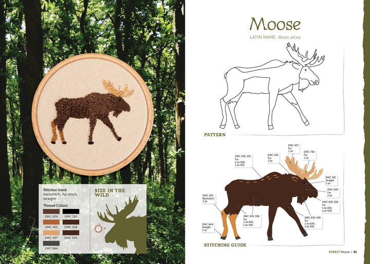 The Field Guide to Embroidery" by Schiffer Publishing, Ltd. showcases a moose embroidery in a forest scene, with one page displaying the finished hoop, threads, and silhouette, and the other offering outlines and a color-coded stitching guide.