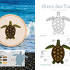 The Field Guide to Embroidery by Schiffer Publishing, Ltd. offers a green sea turtle pattern guide with animal embroidery designs, stitched turtle reference photo, thread color chart, pattern outline, and stitching guide on an ocean and rocky beach background.