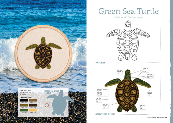 The Field Guide to Embroidery by Schiffer Publishing, Ltd. offers a green sea turtle pattern guide with animal embroidery designs, stitched turtle reference photo, thread color chart, pattern outline, and stitching guide on an ocean and rocky beach background.
