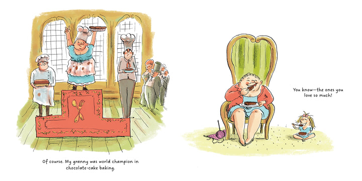 In "All the Things My Grandma Has Done" by Schiffer Publishing, Ltd., a joyful grandma stands on a winner’s podium with cake and trophy, then happily eats cake in her chair—capturing children’s imaginative view of their humorous grandmothers!.