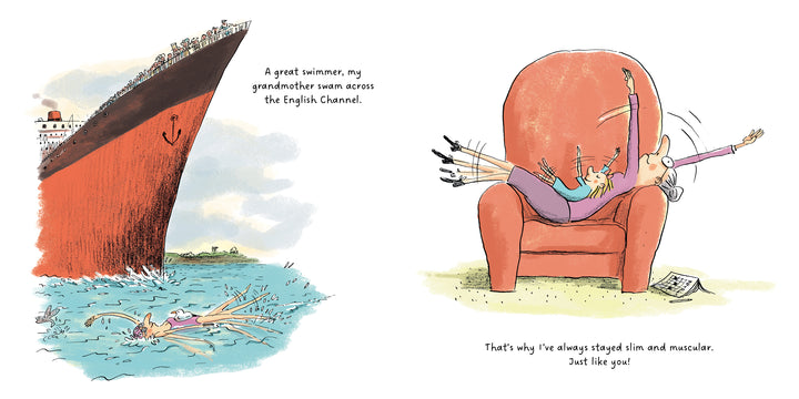 In "All the Things My Grandma Has Done" by Schiffer Publishing, Ltd., a woman swims beside a ship and lifts a child with her feet, celebrating childhood wonder in this picture book about a remarkable swimmer.