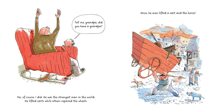 In "All the Things My Grandpa Has Done" by Schiffer Publishing, Ltd., a child and his imaginative grandpa share stories with their dog, while a man lifts a horse-filled cart—capturing the magic of storytelling in this charming picture book.