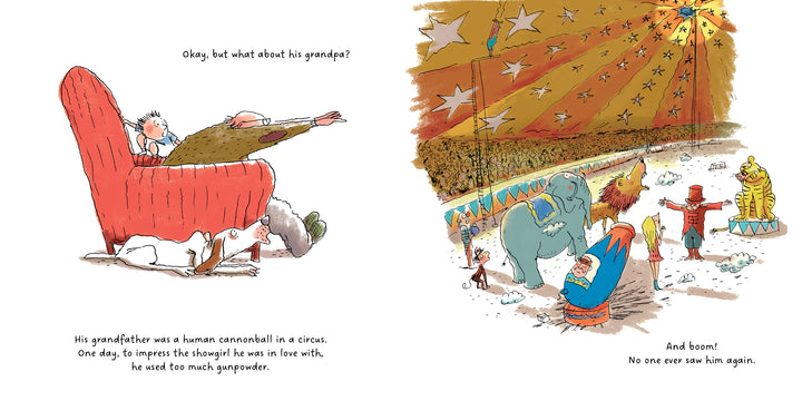In "All the Things My Grandpa Has Done" by Schiffer Publishing, Ltd., a creative grandpa and his grandson imagine wild adventures—like vanishing after a cannonball stunt—on a red armchair, sparking children's storytelling.