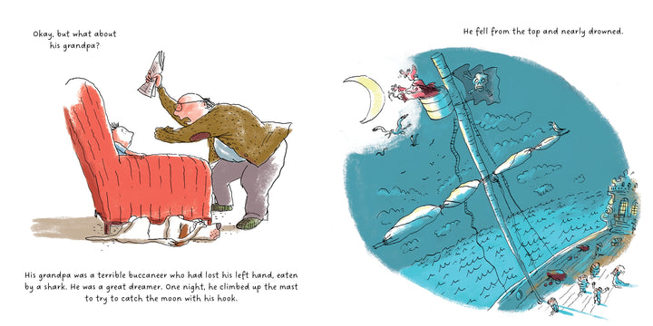 In "All the Things My Grandpa Has Done" by Schiffer Publishing, Ltd., a hook-handed grandpa shares fantastical tales with his grandchild, including pirates reaching for the moon and falling into the sea beneath a starry sky—ideal for children’s storytelling.
