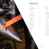 A glowing hot metal rod rests on an anvil in a blacksmith’s workshop—a striking image featured in Schiffer Publishing, Ltd.’s "Contemporary Blacksmithing for Beginners," alongside a clean white contents page listing book sections and page numbers.