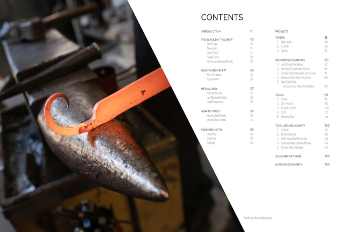 A glowing hot metal rod rests on an anvil in a blacksmith’s workshop—a striking image featured in Schiffer Publishing, Ltd.’s "Contemporary Blacksmithing for Beginners," alongside a clean white contents page listing book sections and page numbers.