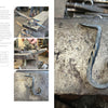 Five photos from Schiffer Publishing, Ltd.'s "Contemporary Blacksmithing for Beginners" illustrate forging a decorative hook: four smaller pictures on the left show shaping on an anvil, while the largest image presents the finished, twisted hook.