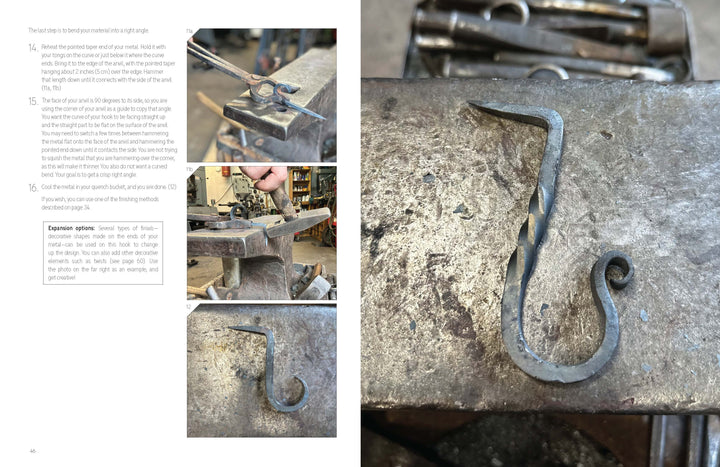 Five photos from Schiffer Publishing, Ltd.'s "Contemporary Blacksmithing for Beginners" illustrate forging a decorative hook: four smaller pictures on the left show shaping on an anvil, while the largest image presents the finished, twisted hook.