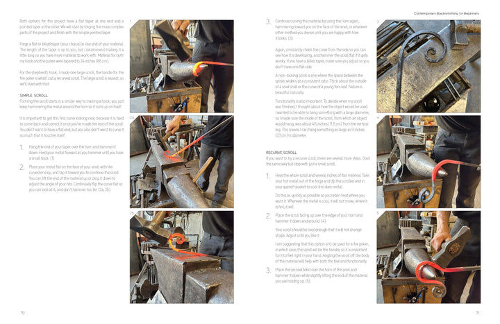 Contemporary Blacksmithing for Beginners by Schiffer Publishing, Ltd. features a photo guide with step-by-step images and text instructions showing hands forging a metal scroll—ideal for learning or starting blacksmithing projects.
